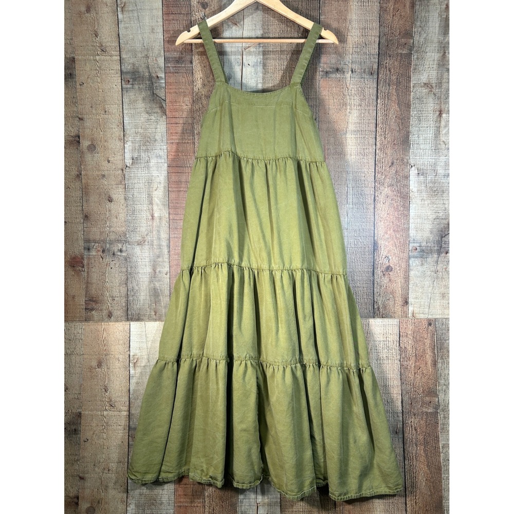 The Drop Olive Green Tencel Lyocell Tiered Maxi Dress Boho Earthy Utility Small